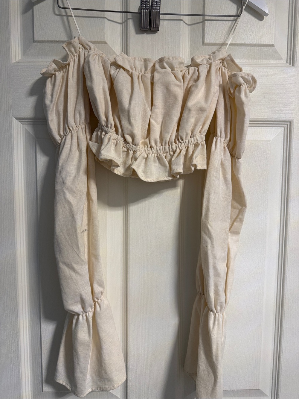 Agora Cream Off-Shoulder Ruffle linen Crop Top